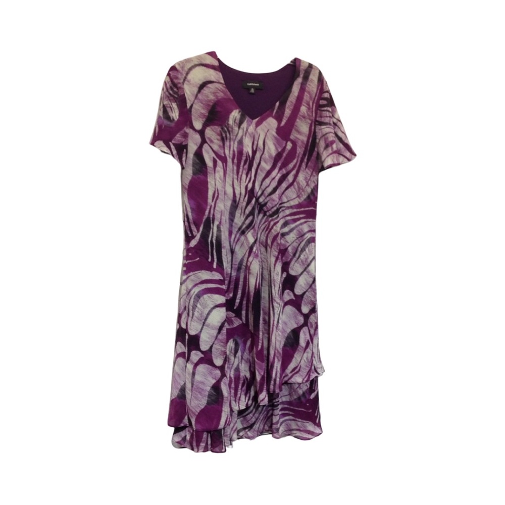 R&M Richards Womens Short Sleeve V-neck Dress Size 14 Purple Print Made In USA